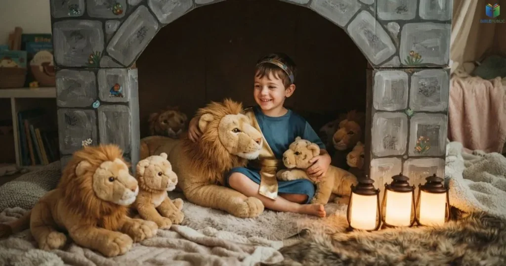 Daniel in the lions’ den display with plush lions, cardboard rocks, and a lantern