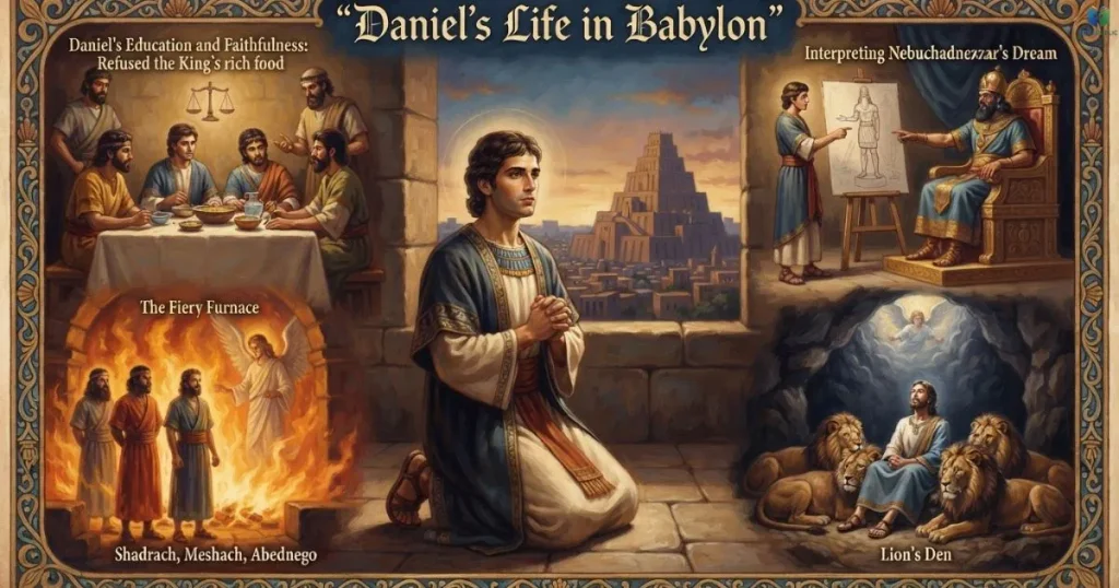 Daniel stands before a Babylonian king in a royal court with officials nearby.
