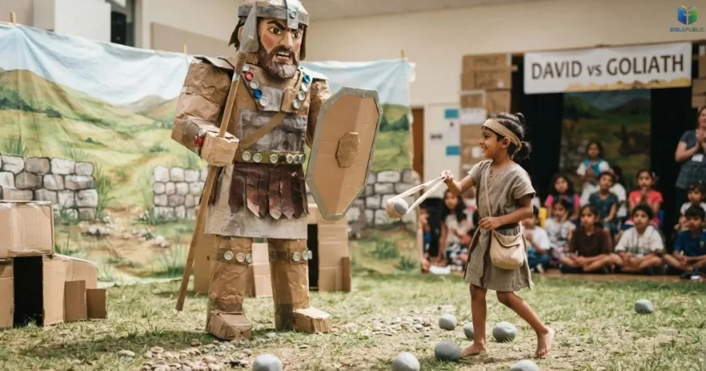 David and Goliath trunk display with cardboard figures, foam stones, and a battlefield backdrop
