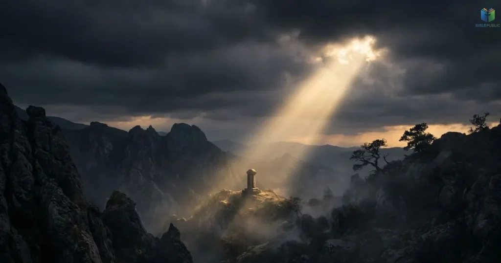 Light breaking through dark clouds symbolizing biblical judgment and God's authority over evil.