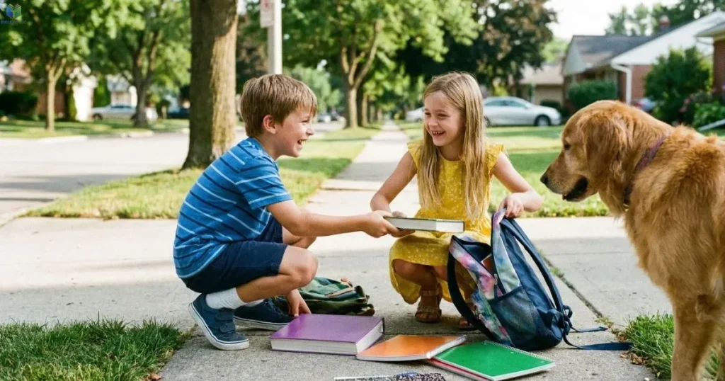 Two children helping one another gather dropped schoolbooks, illustrating neighborly love through a simple everyday action.