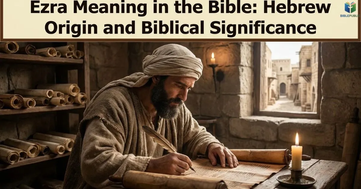 Ezra Meaning in the Bible shown through a biblical scribe studying an ancient scroll in Jerusalem.
