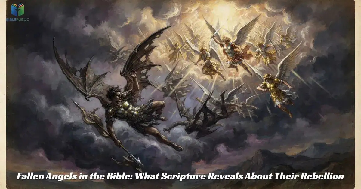 Fallen Angels in the Bible depicted in a dramatic scene of spiritual rebellion and heavenly judgment.