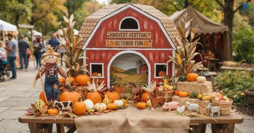 Farm and harvest trunk display with pumpkins, toy farm animals, and a cardboard barn