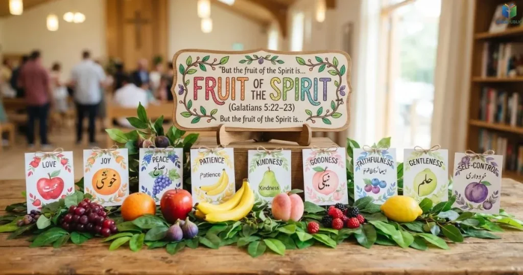Fruit of the Spirit trunk display with colorful artificial fruit and a Bible theme sign