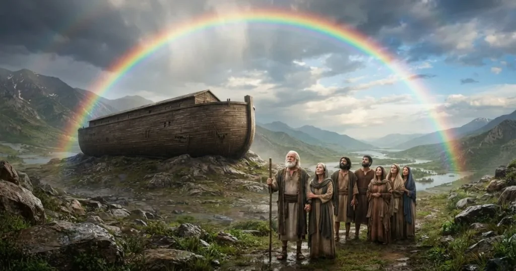 Rainbow over Noah’s ark after the Flood, representing God’s covenant with Noah.