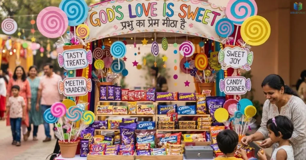 God’s Love Is Sweet display with paper lollipops, candy signs, and wrapped treats