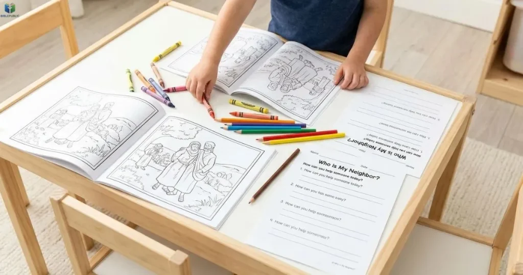 A Good Samaritan coloring page, crayons, and question worksheet for children.