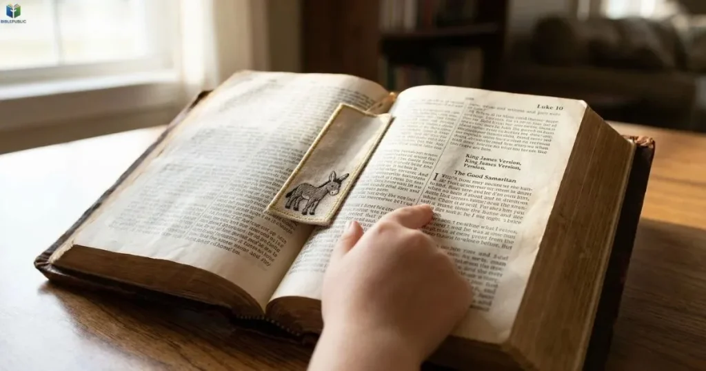 An open King James Bible showing Luke 10, where Jesus tells the Good Samaritan parable.