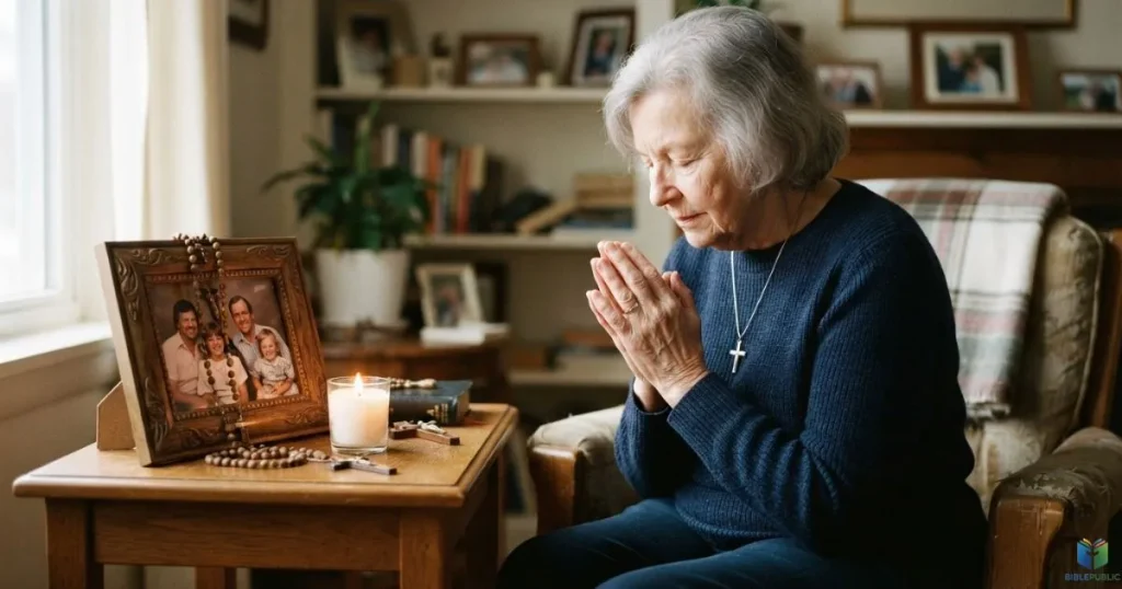 A person praying at home while remembering a deceased family member