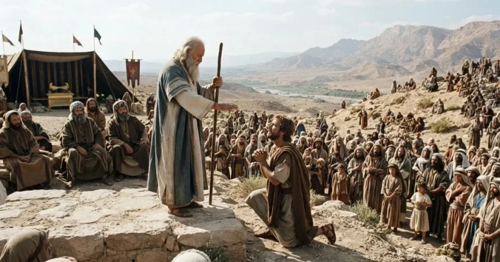 Moses commissions Joshua before the Israelites, appointing him to lead the people.