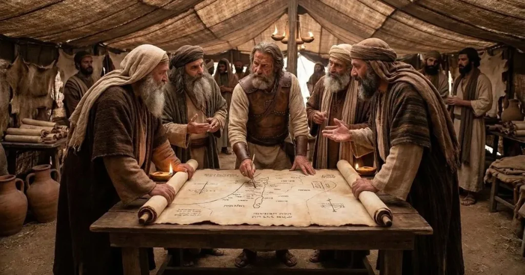 Joshua and Israelite leaders review the division of the Promised Land among the tribes.