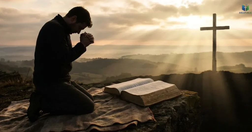 Person praying beside an open Bible at sunrise, illustrating Christian faith and reliance on God.