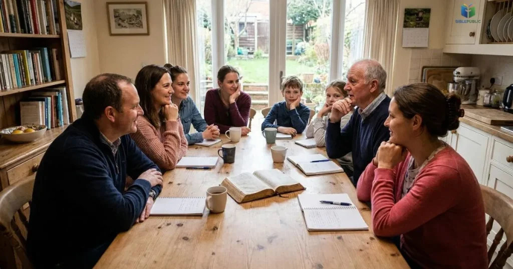 Family members listening to each other with an open Bible nearby.