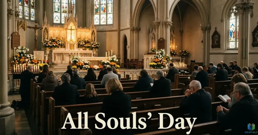 Christians gathering in a church to pray during an All Souls’ Day service of remembrance.