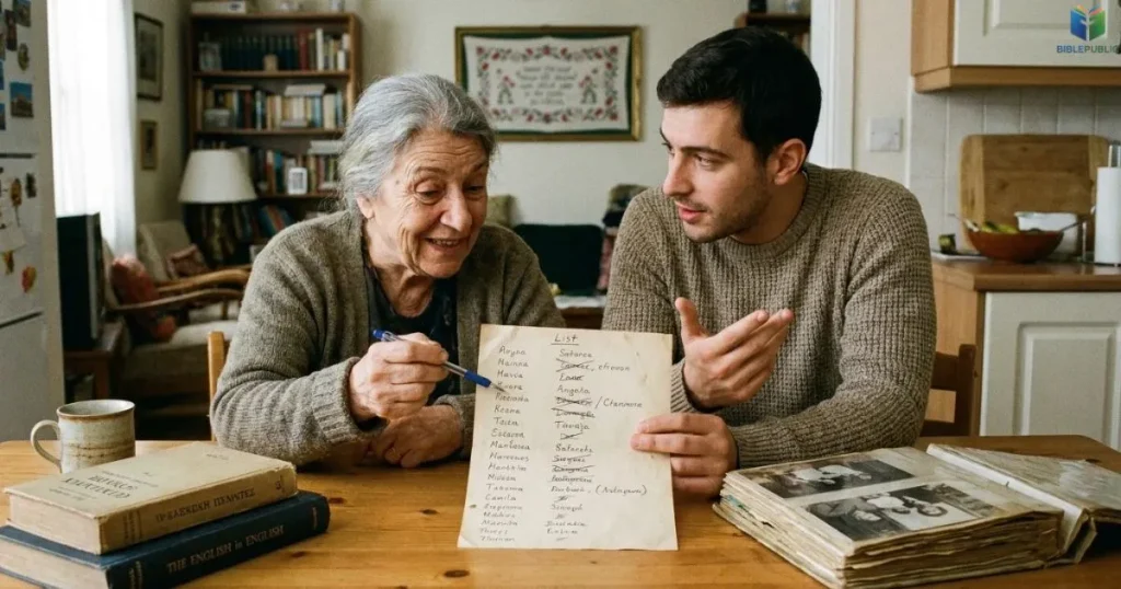 A parent and relative discuss baby names and family naming customs together.