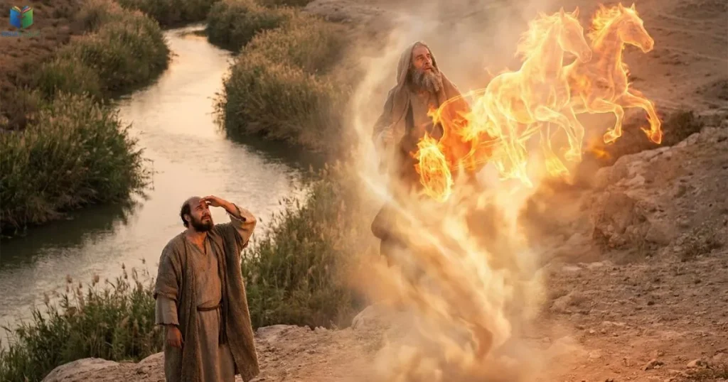Elijah is taken upward in a whirlwind as a chariot and horses of fire separate him from Elisha.