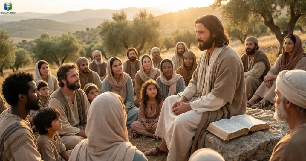 Jesus teaching His followers to love enemies, pray, and show mercy