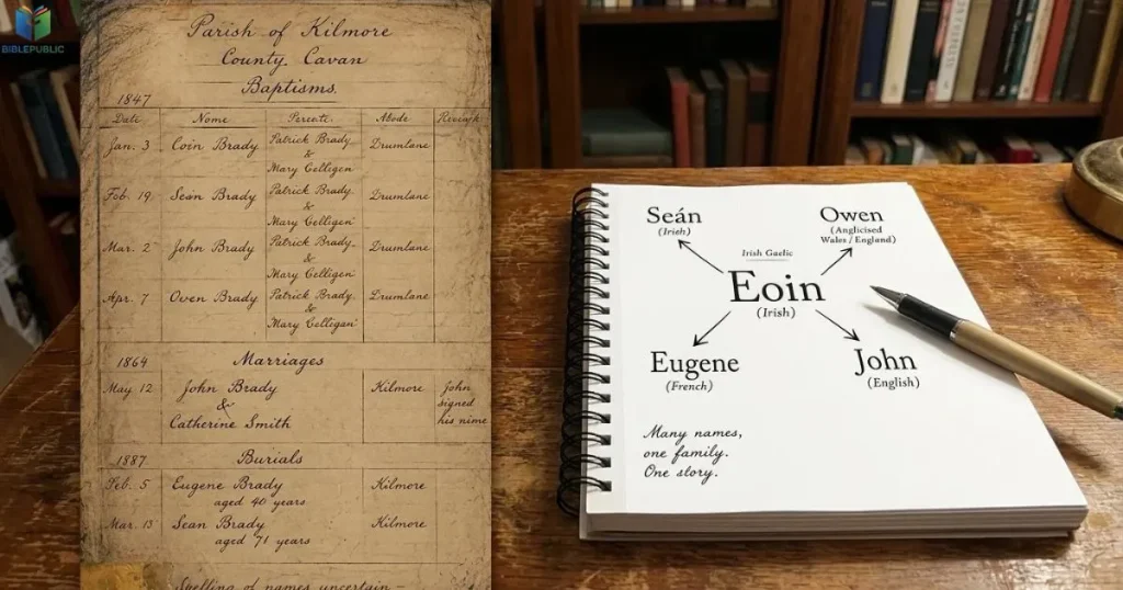 Historical and modern handwritten name forms illustrating changes in spelling over time.