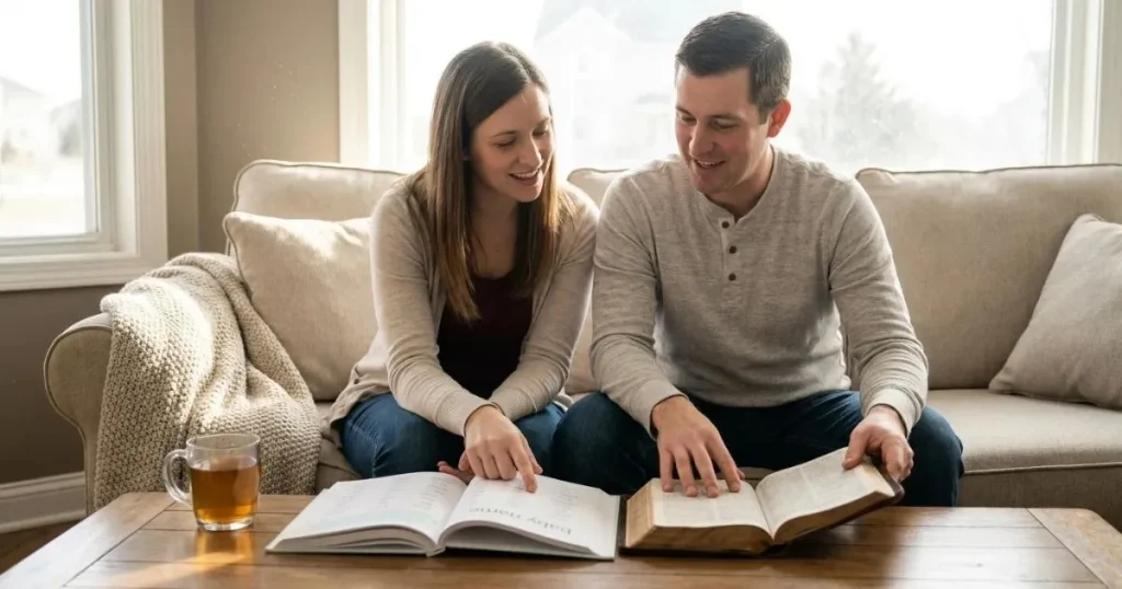 Christian parents reviewing baby names beside an open Bible to choose a meaningful name.