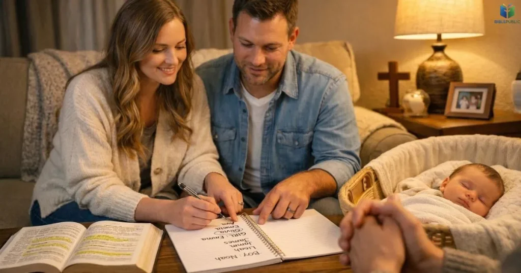 Expectant parents reviewing baby names beside an open Bible and notebook