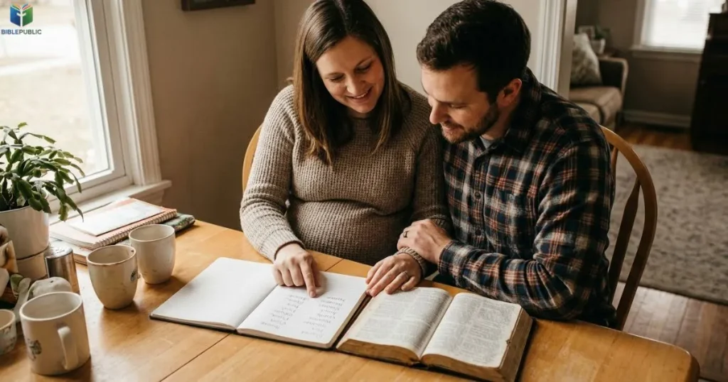 Parents review baby names beside an open Bible while choosing a meaningful name for their child.