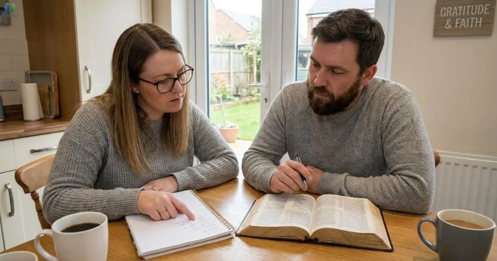 Christian couple reviewing baby name ideas beside an open Bible and notebook at home.