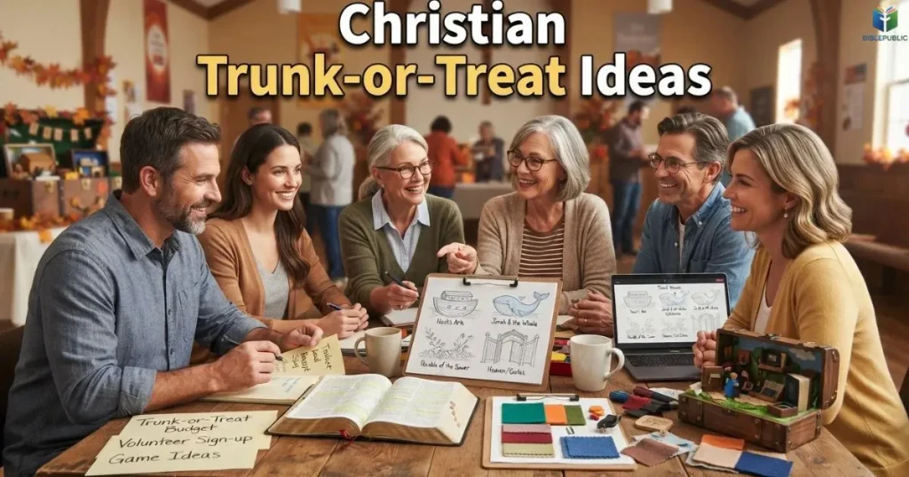 Church volunteers reviewing Bible passages, theme sketches, and decorations while planning Christian Trunk-or-Treat Ideas for their church.