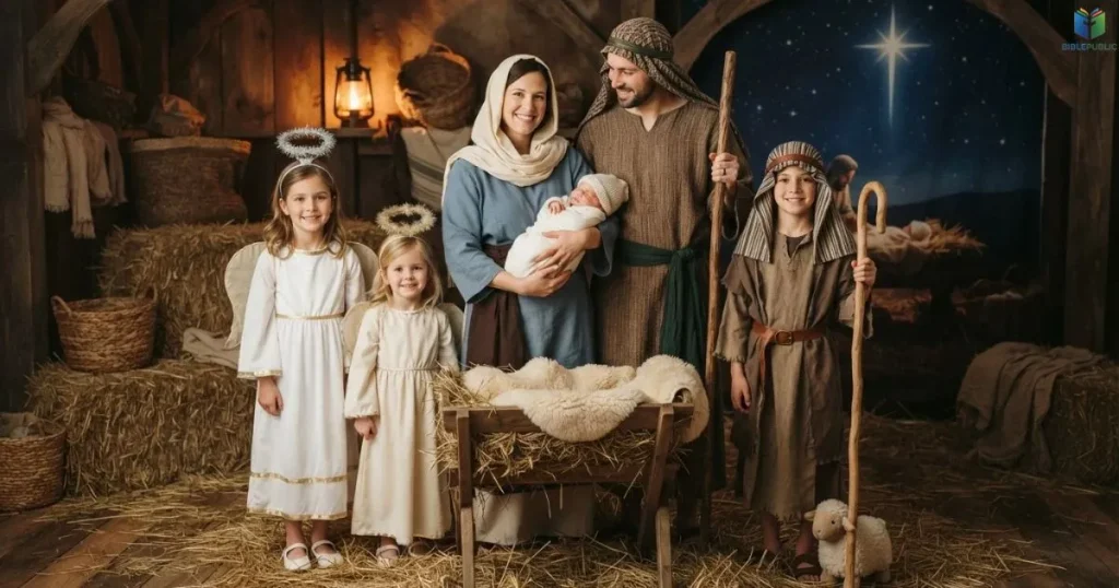 Parents and siblings wearing coordinated nativity costumes for a family event