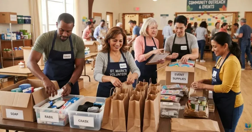 Church volunteers work together to assemble care packages and prepare community outreach supplies.