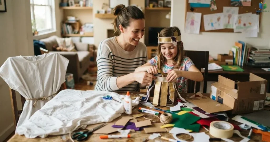 Parent and child making a Bible character costume with cardboard and fabric scraps