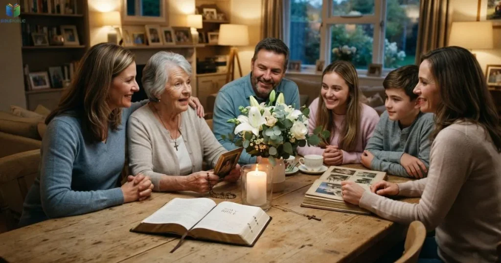 Family members gather at home to remember loved ones with a Bible and flowers