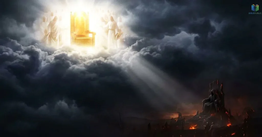 A radiant heavenly throne above dark clouds symbolizing God's sovereignty over evil.