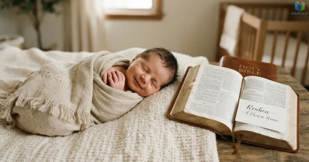 A newborn beside an open Bible represents choosing Elijah as a meaningful biblical baby name.