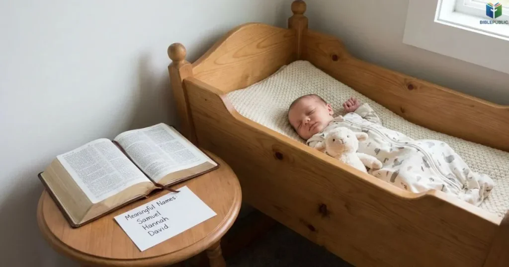 A peaceful nursery with a wooden cradle and Bible for parents considering a biblical baby name.