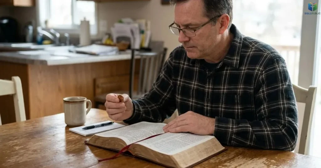 A person considers a found penny while reading the Bible and reflecting on God’s guidance.