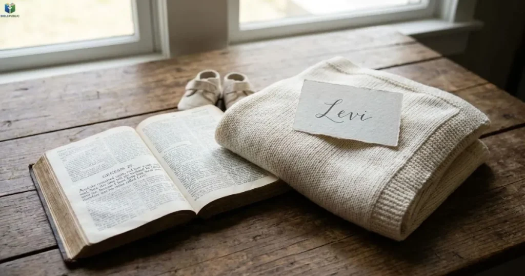 Bible opened to Genesis 29 beside a baby blanket and a card bearing the name Levi.