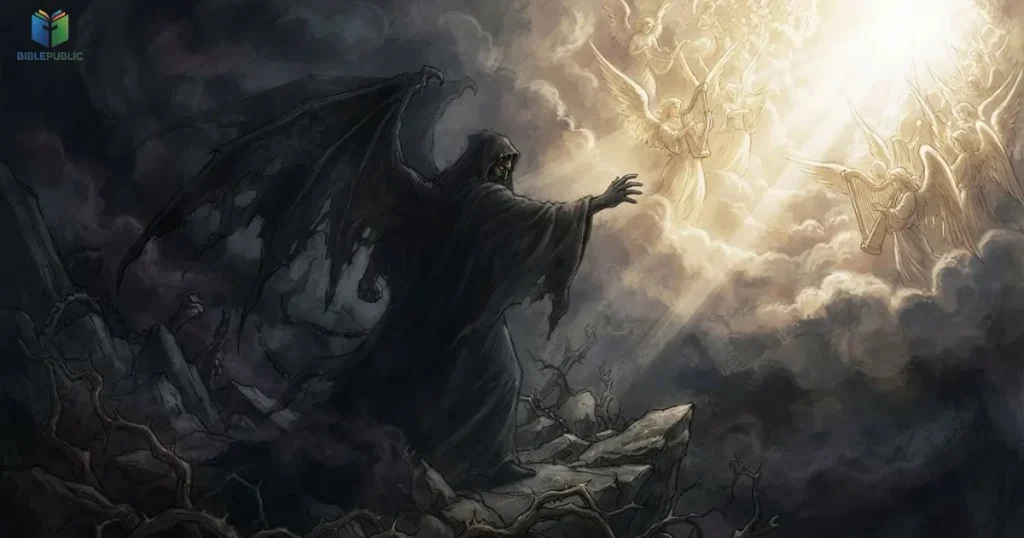 Symbolic depiction of Satan as a spiritual adversary contrasted with heavenly light.