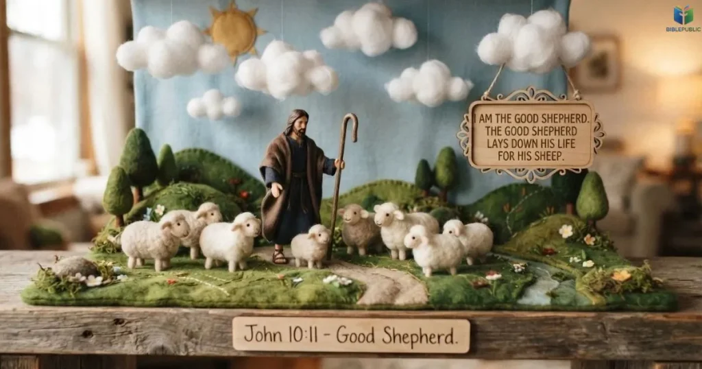 Good Shepherd trunk display with plush sheep, green pasture fabric, and a shepherd’s staff