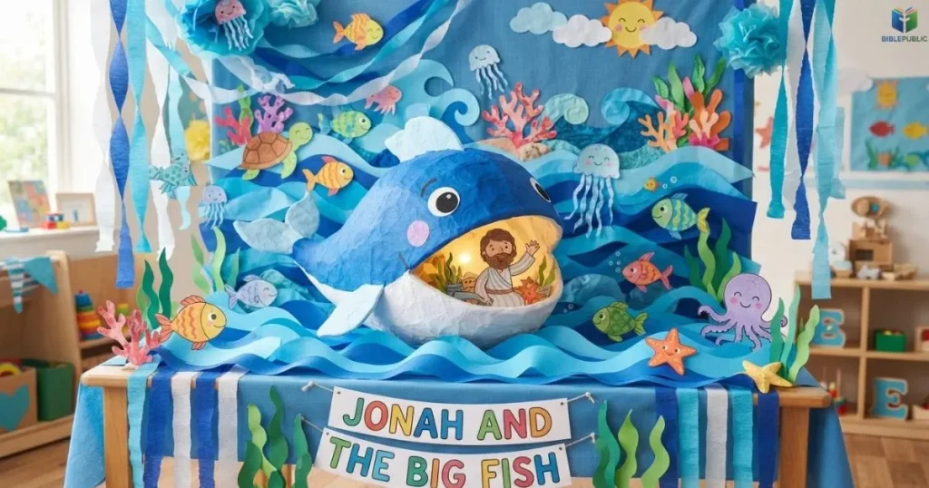 Jonah Bible story display with a large cardboard fish, blue waves, and sea creatures