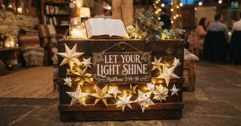 Let Your Light Shine trunk display with paper stars and battery-powered string lights