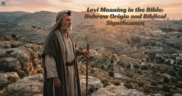 Levi Meaning in the Bible illustrated by an ancient Israelite man overlooking a biblical landscape at sunrise.