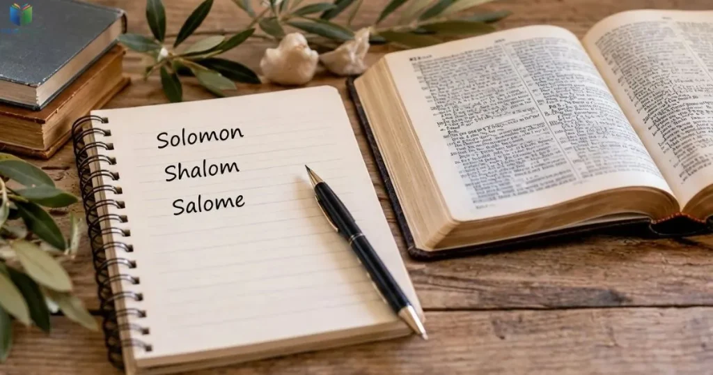 A notebook and open Bible illustrate the study of Christian baby name origins and pronunciation.