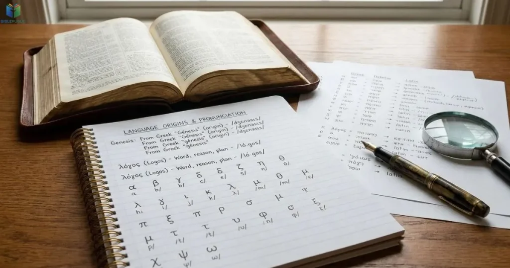An open Bible beside Greek alphabet notes and a notebook about name origins
