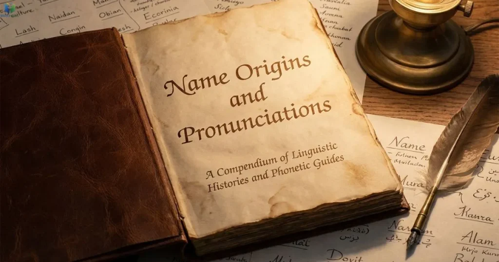 Notebook listing Christian baby names and pronunciations beside books about Greek and Hebrew origins.