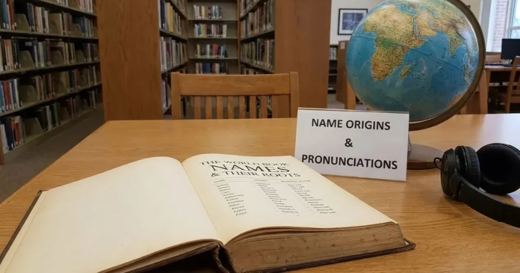 Baby-name book with handwritten names and pronunciation notes for parents researching name origins.