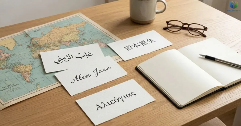 Name cards in different writing systems beside a world map represent naming traditions worldwide.