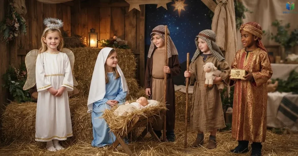 Children dressed as Mary, Joseph, a shepherd, an angel, and a wise man