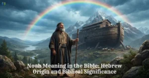 Noah Meaning in the Bible illustrated by Noah standing beside the ark with animals nearby.