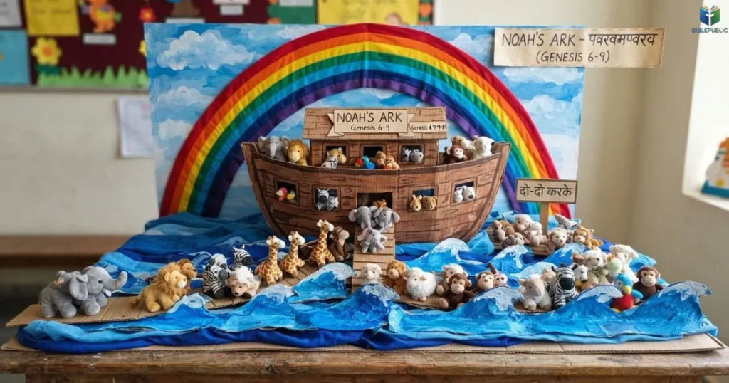 Noah’s Ark trunk display with paired stuffed animals, a cardboard boat, and a rainbow